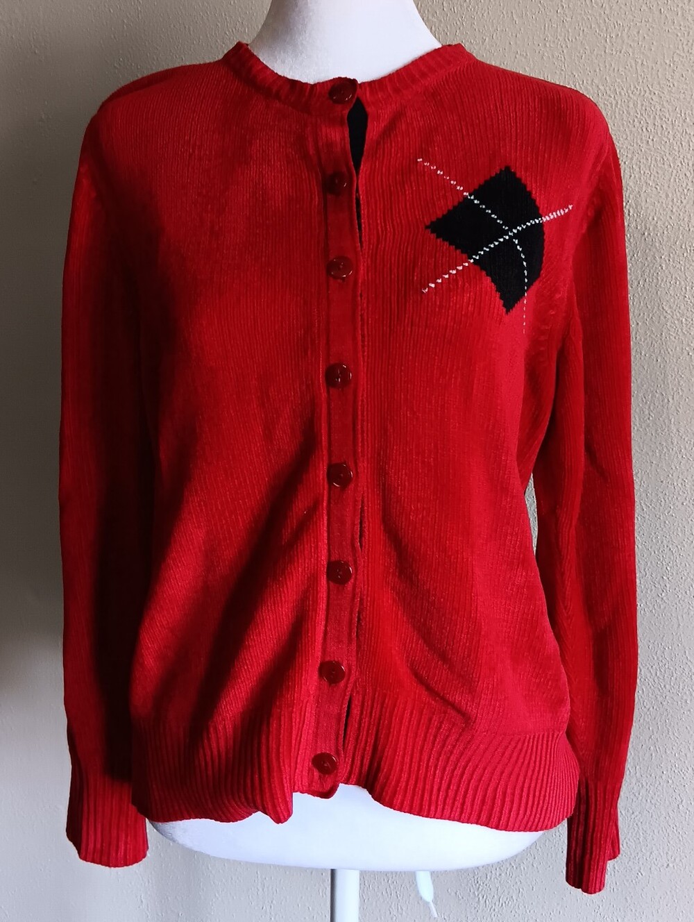 90s Red Button Up Holiday Cardigan Sweater By Karen Scott Petite Medium, Vintage